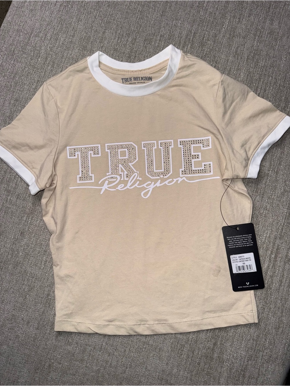 NWT True Religion Women’s XS Rhinestone Logo Ringer Tee Tapioca White